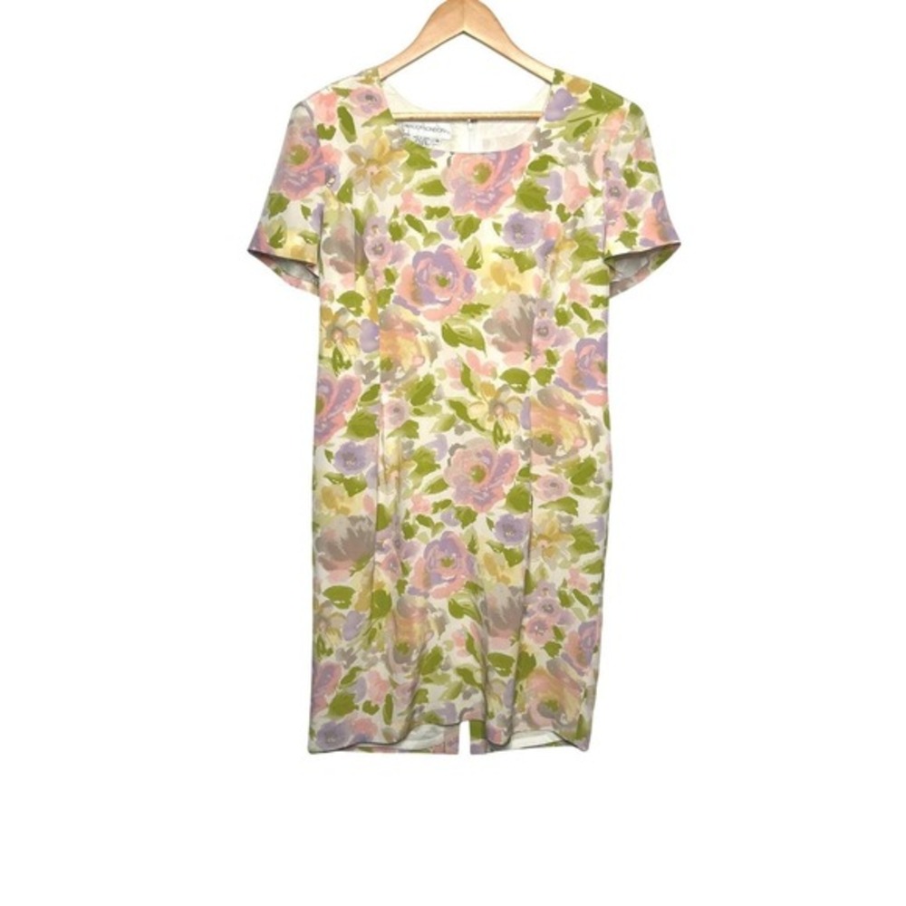 Vintage Maggy London 90s 100% Silk Garden Floral Sheath Dress 12 Flattering